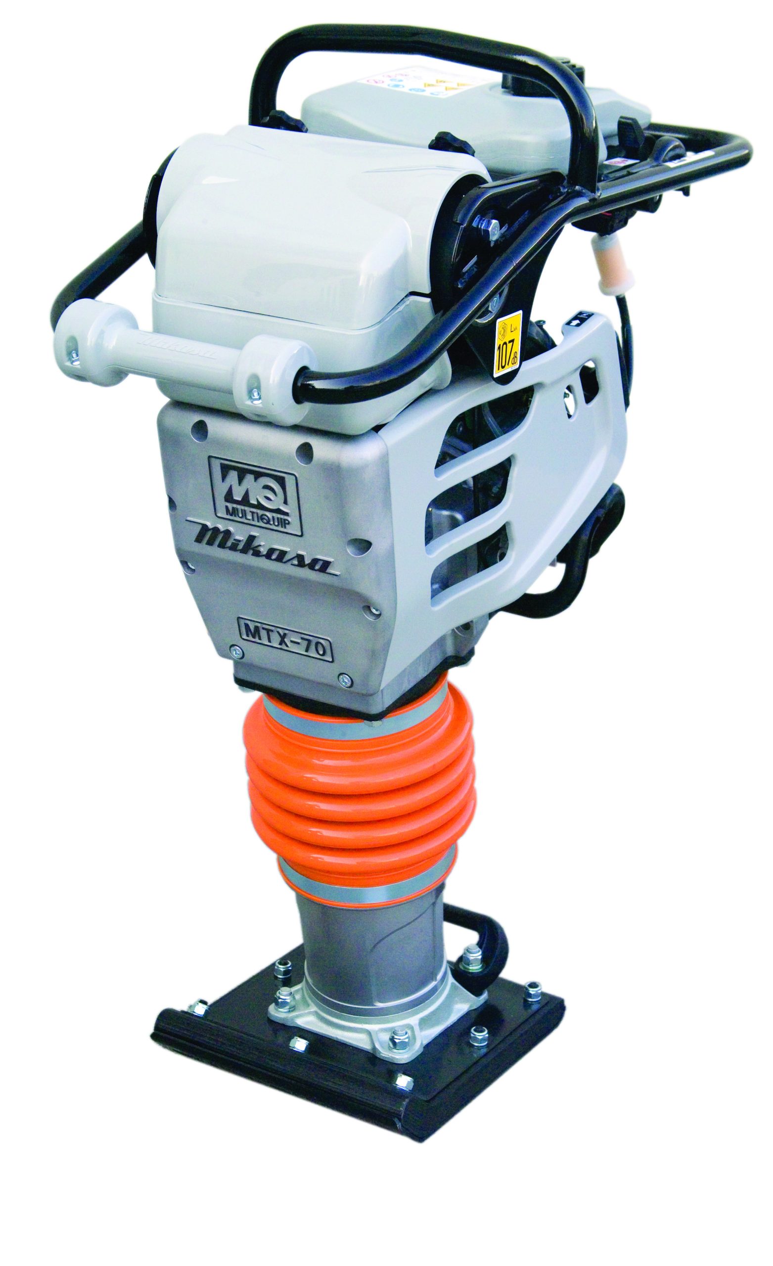 A compact MQ Mikasa vibratory rammer with a sturdy handle, orange shock-absorbing spring, and a flat base.