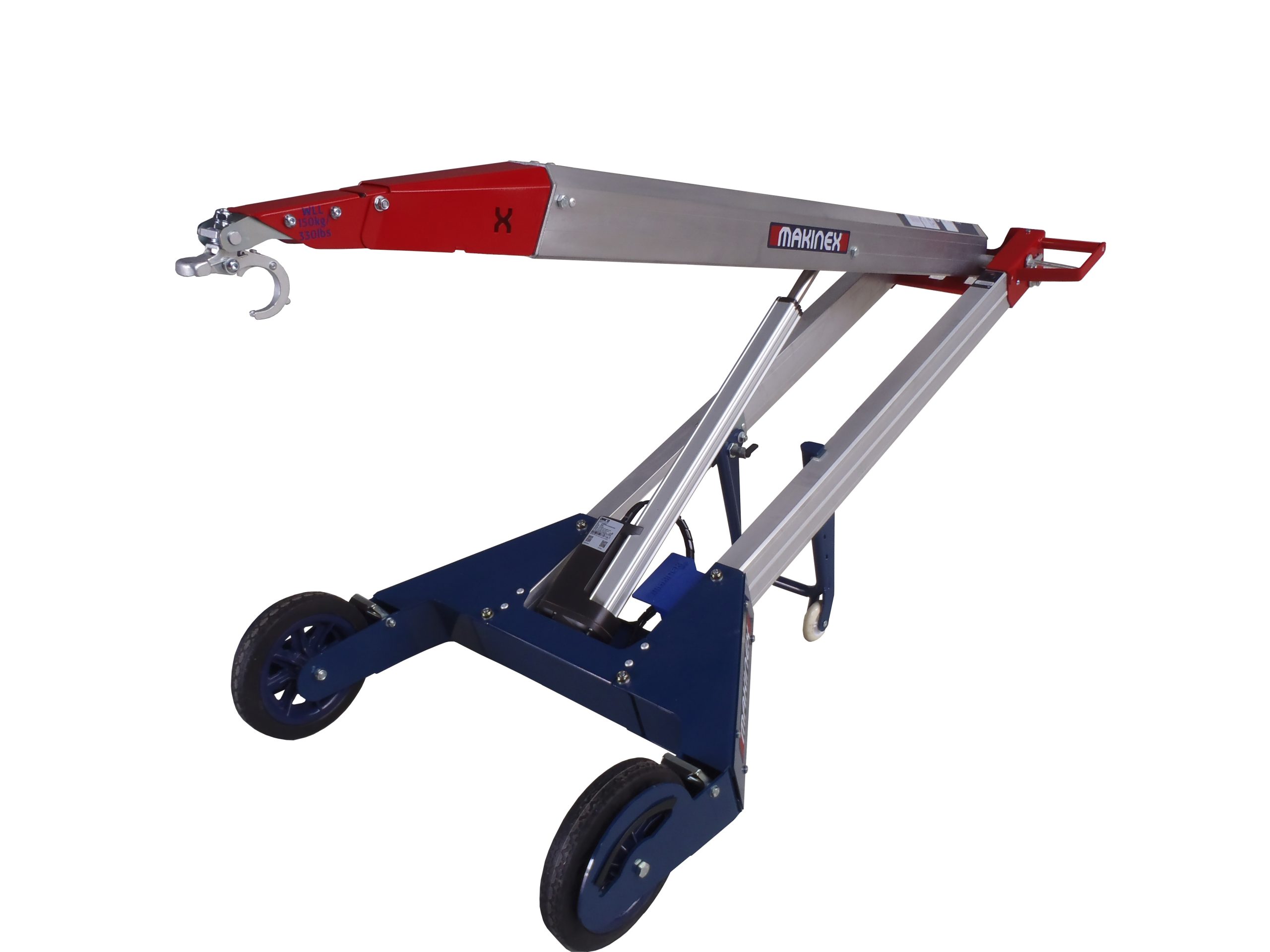 A mobile lifting device with a red and silver adjustable arm, a hook at the tip, and a sturdy blue base with wheels.