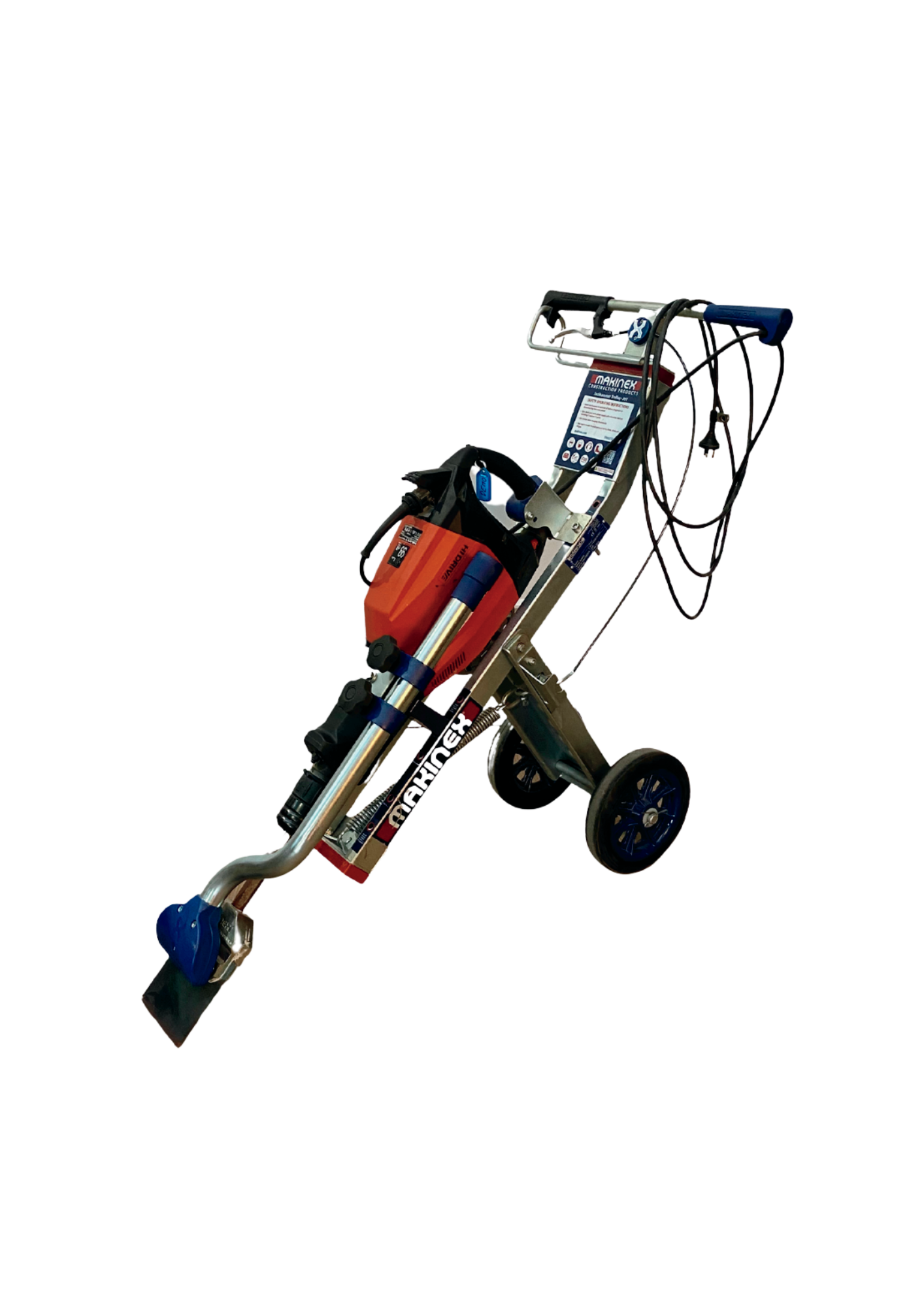 A portable floor stripping machine with a red motor, sturdy frame, two wheels for mobility, and a flat blade attachment.